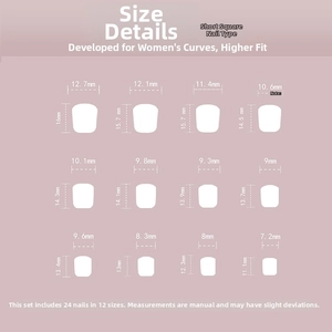 Size chart for French tip press-on nails in 12 sizes with detailed dimensions