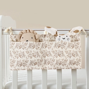 Floral cotton baby crib organizer hanging bag with double pockets for nursery essentials