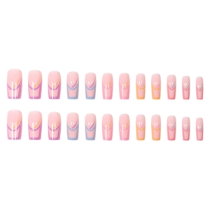 French rainbow press-on nails set with long square colorful geometric line design
