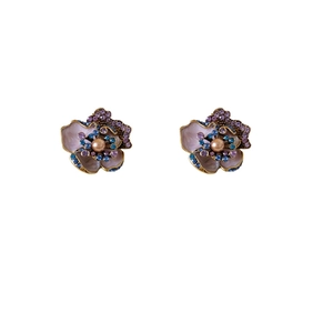 Vintage lavender flower earrings with champagne pearls and colorful rhinestones