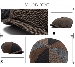 Detail of herringbone tweed pattern and color-block stitching on vintage newsboy cap