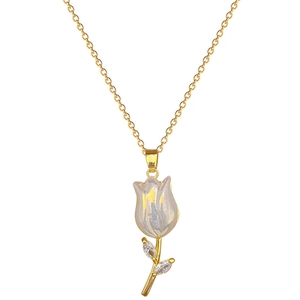 Elegant gold titanium necklace with pearlescent tulip pendant and zircon crystal leaves