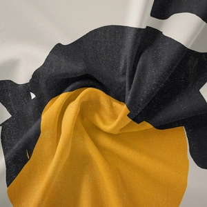 Detail of abstract geometric tapestry fabric with thick texture and modern yellow black blocks