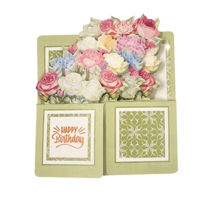 3D pop-up birthday greeting card featuring a colorful paper flower bouquet on white background