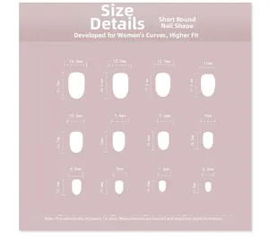 Size chart for short round press-on nails detailing 12 specific width and length measurements