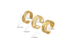 Detailed size chart for three gold crisscross C-shaped rings with width and diameter labels