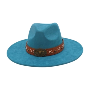Detail of lake blue wide brim felt hat with leather strap and bronze bull skull buckle