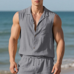 Close-up of gray cotton linen sleeveless beach shirt texture and pocket detail