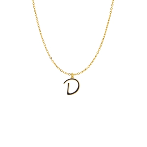 Detailed view of a gold-plated letter D pendant with black enamel inlay on a fine chain