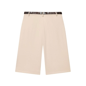 Detail of beige wide-leg shorts with a dark brown snake-print belt in flat lay