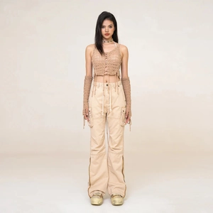 Crochet crop top with matching sleeves and khaki multi-pocket slim cargo flare pants