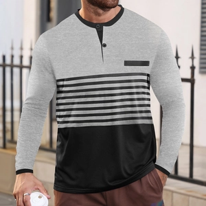Slim fit men's long sleeve V-neck t-shirt with grey and black striped contrast design