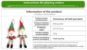 Detail view of two cartoon elf plush ornaments in red and green with sequin accents