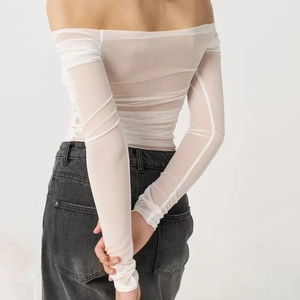 White off-shoulder sheer mesh long sleeve top with ruching and slim fit design