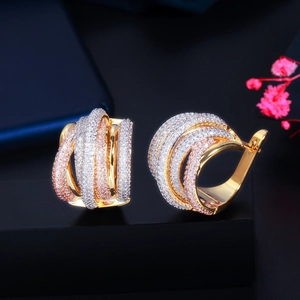 Detailed view of luxury multi-layer crossover hoop earrings with micro-set zircon accents