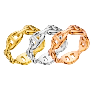 Set of three stainless steel rings in gold, silver and rose gold with hollow anchor link design