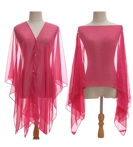 Front and back detail of pink lightweight sheer buttoned shawl for summer beachwear