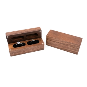 Dual slot walnut wood ring box with black velvet lining and magnetic closure