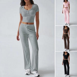 Top A Maniche Corte In Maglia A Coste Viscosa Scollo A V Bottone E Pantaloni A Vita Alta Con Coulisse Donna Loungewear