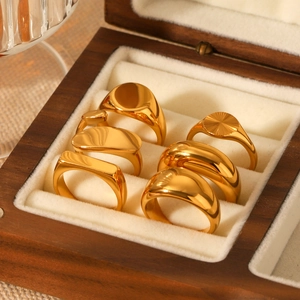 6-piece minimalist 18K gold plated stainless steel ring set in luxury wooden jewelry box