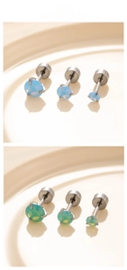 Three sizes of opal stud earrings in blue and green titanium steel with screw flat backs