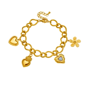 Retro stainless steel link bracelet with gold heart and flower pendants for women
