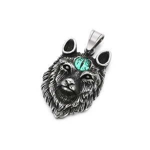 Vintage Wolfskopf Anhänger aus silbernem Edelstahl mit grünem Opalauge für Herren