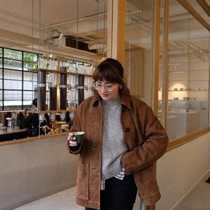 Veste Femme Rétro En Suédine Col Revers Simple Boutonnage Ample Épaisse Avec Poches Automne Hiver Décontracté