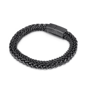 Men's double-layer black woven chain bracelet with gunmetal magnetic metal clasp
