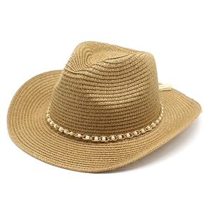 Close-up of khaki straw hat featuring intricate weave and elegant pearl chain detail