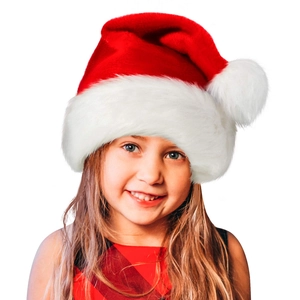 Close-up of red plush Christmas hat with a large white faux fur pompom for kids