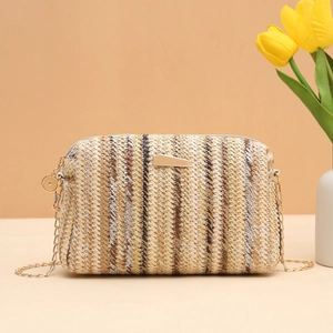 Colorful woven straw camera bag with vertical stripes and metal chain strap