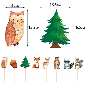 8-piece forest animal cake topper set with owl and pine tree size measurements