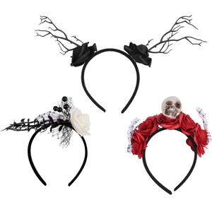 Gothic Halloween headbands featuring black roses, deer antlers and skull decorations