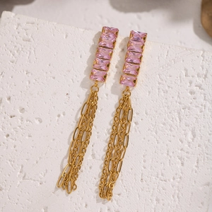 Orecchini a nappa in acciaio placcato oro 18K con zircone quadrato rosa elegante