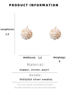 Detail view of cluster pearl earrings with cubic zirconia and S925 silver needle specifications
