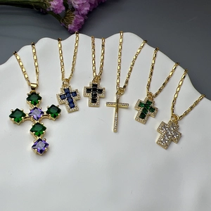 Vintage Cross Pendant Necklace Gold Plated Copper Colorful Square Zirconia Religious Jewelry For Women Fashion Accessory