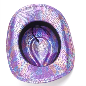 Detail view of colorful snake skin pattern and polyester lining on western cowboy hat