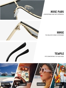 Detail of nose pads, hinges and temples with scenes for driving, travel and parties