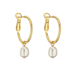 Elegant 14K gold plated hoop earrings featuring white teardrop pearls on a clean white background