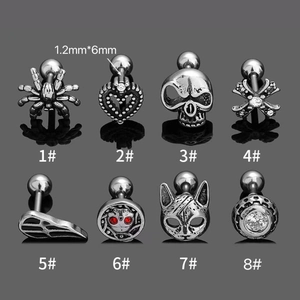 Gothic stainless steel stud earrings set featuring spider, skull, and heart designs
