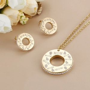 Stainless Steel Mom Jewelry Set Gold Silver Rhinestone Circular Mother Daughter Pendant Necklace Stud Earrings Mother's Day Gift