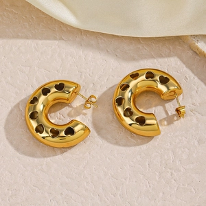 Polished 18K gold-plated stainless steel C-shaped earrings with hollow heart cutouts