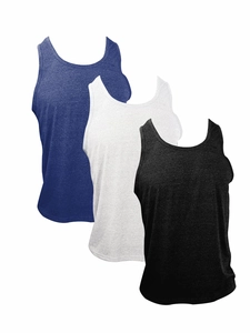 Detailed knit cotton texture of three-pack men's gym tank tops in navy, grey, and black