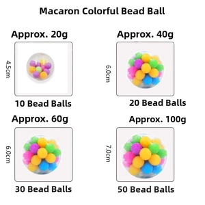 Detailed size chart for macaron stress balls showing weight and diameter specifications