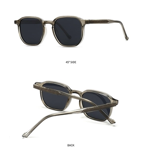 Detail view of transparent grey sunglasses with visible metal core and dark lenses