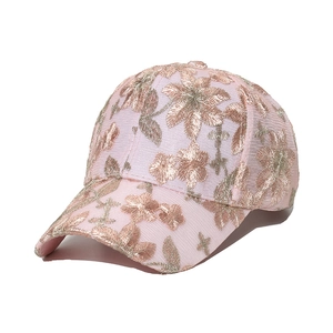Women's pink lace baseball cap with elegant floral embroidery and breathable mesh design