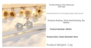 Detail view of plum blossom earrings with copper zircon material and 9mm diameter specs