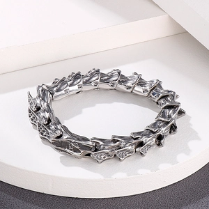 Détail du bracelet chaîne rétro en acier inoxydable au design punk de dragon argenté