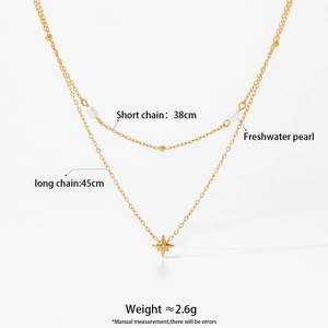 Double-layer stainless steel necklace featuring freshwater pearls and star pendant